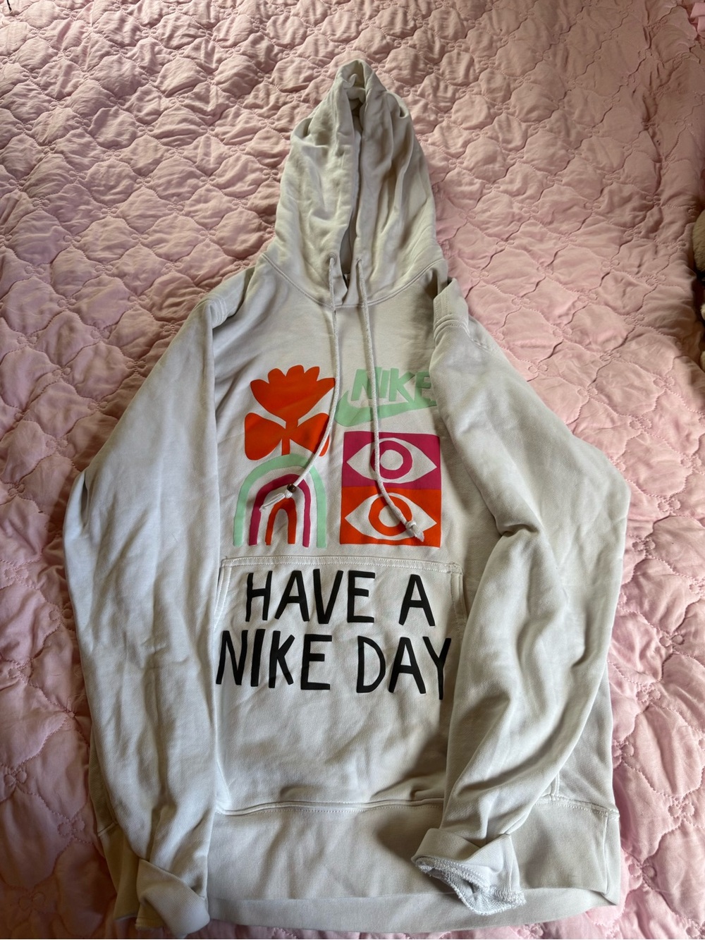 Nike Cream Hoodie with Multicolor Graphic - "Have A Nike Day"